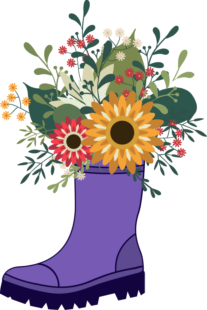 Whimsical Purple Rain Boot Planter with Colorful Blooms Transparent