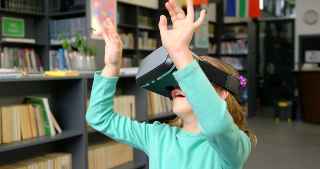 Schoolgirl Engaging with Virtual Reality in Library