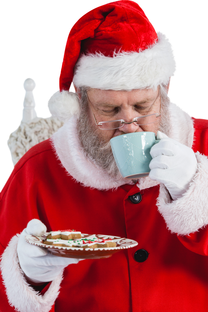 Transparent Santa Claus drinking coffee with plate of Christmas cookies - Download Free Stock Images Pikwizard.com