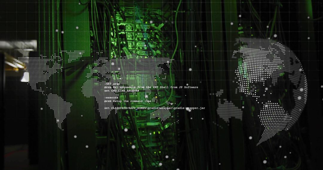 Glowing Server Rack with Command Line Text and World Map Overlay