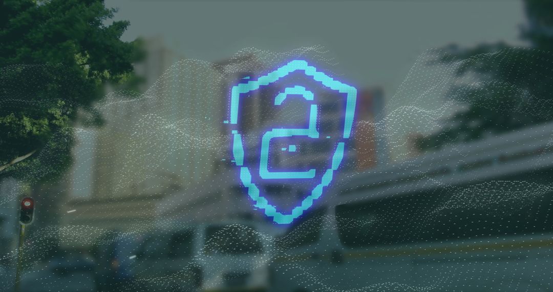 Digital Security Shield Overlay on Cityscape
