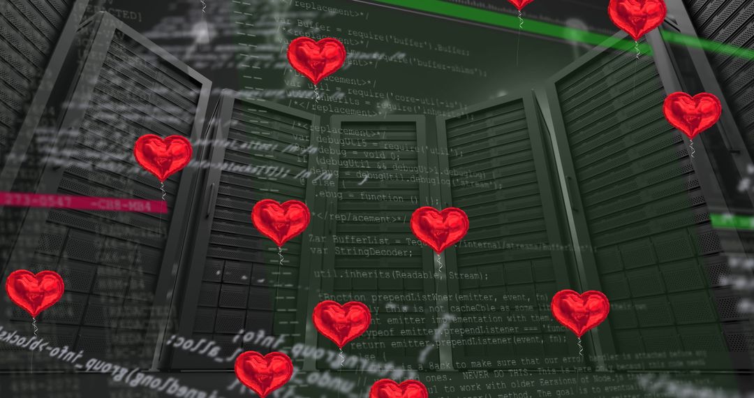 Digital Love in Data Center with Heart Graphics and Code Overlay
