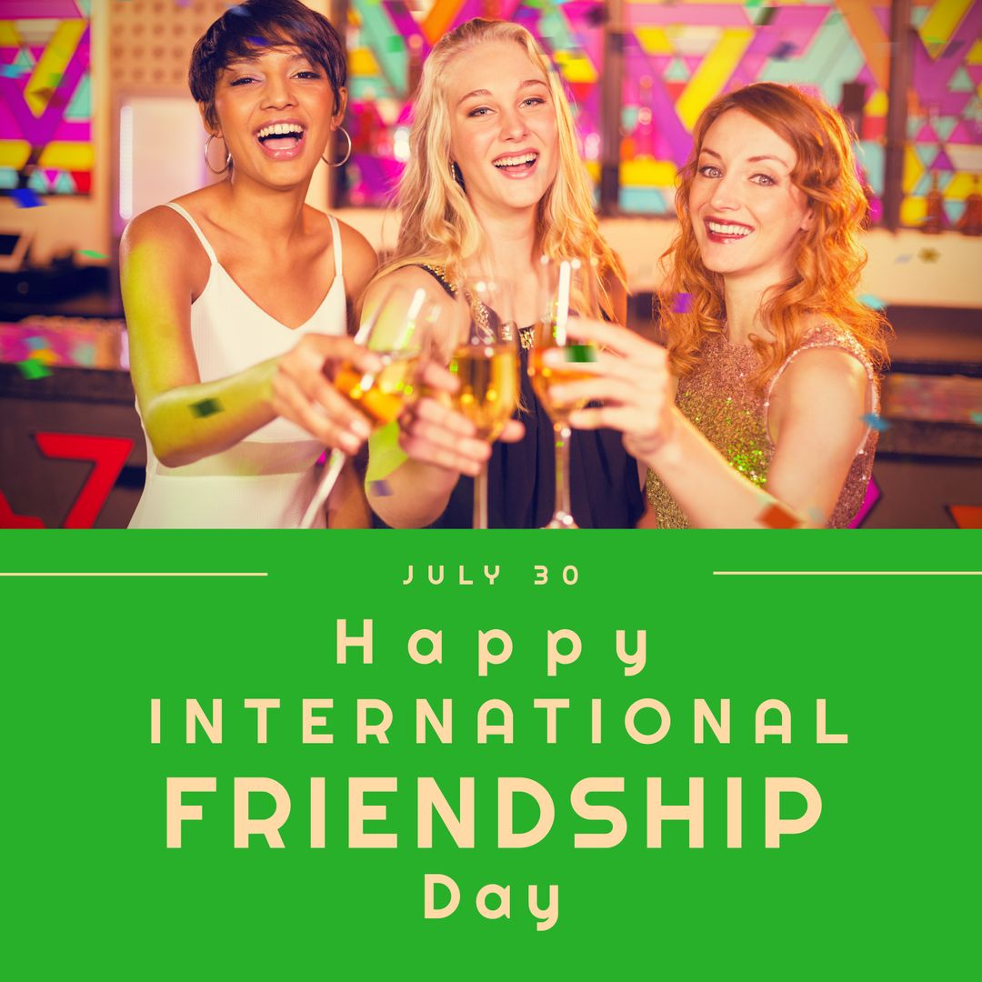 Happy international friendship day text with happy diverse female friends making a toast with drinks - Download Free Stock Templates Pikwizard.com