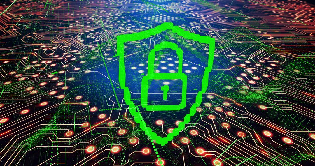Green Digital Lock and Shield Concept on Circuit Board
