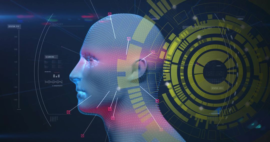 Futuristic 3D Mesh Head Displaying Advanced Interface