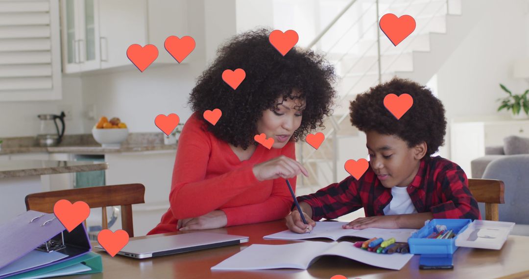 Mother and Son Bonding Over Homework with Digital Hearts