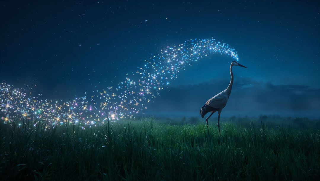 Solitary crane standing watching glowing butterfly arc over misty night meadow
