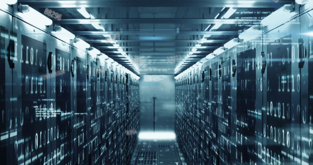 High Tech Server Room with Holographic Data Displays