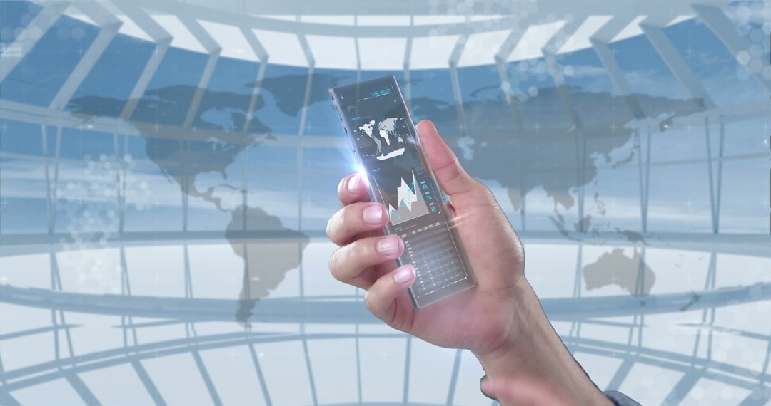 Hand Holding Futuristic Transparent Smartphone Displaying Global Data