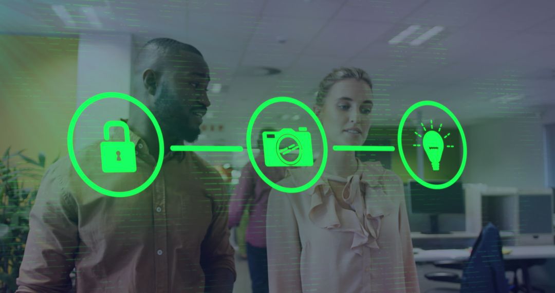 Diverse Coworkers Strategizing with Digital Flowchart Overlay