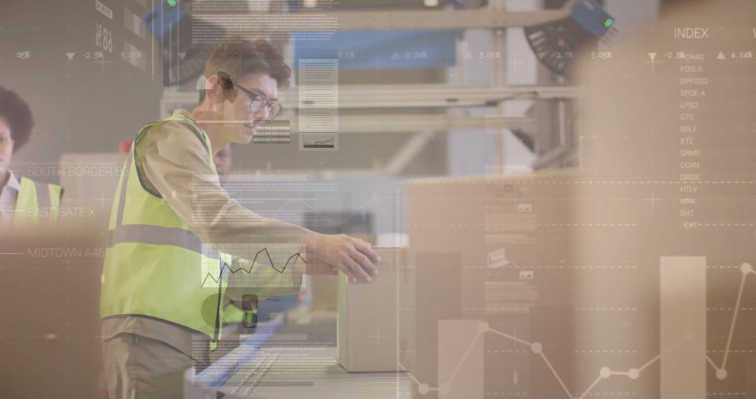 Warehouse Workers Overlaid with Digital Data Graphics