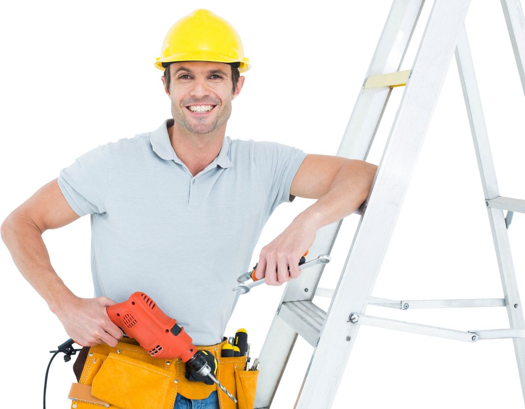 Transparent Look at Confident Technician with Drill Leaning on Ladder - Download Free Stock Images Pikwizard.com