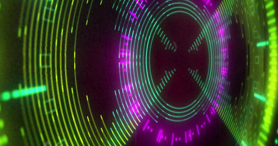 Rotating Neon Circular HUD with Concentric Rings and Pulsing Data Interface