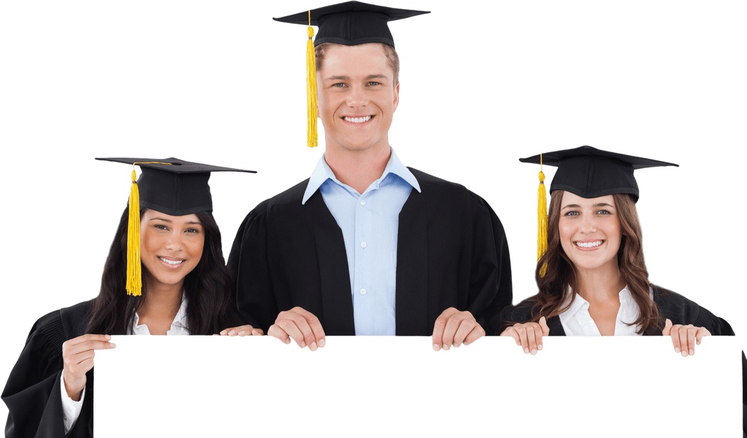 Smiling Graduates with Cap and Gown Holding Blank Sign Transparent Background
