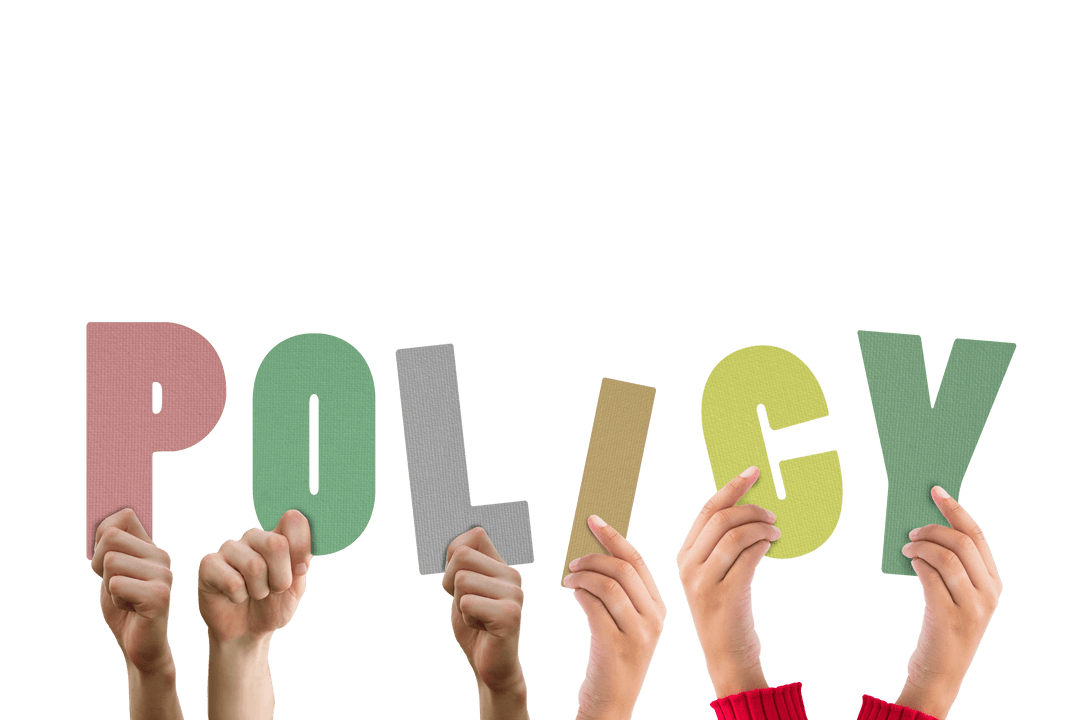 Hands Holding Letters Forming 'Policy' on Transparent Background