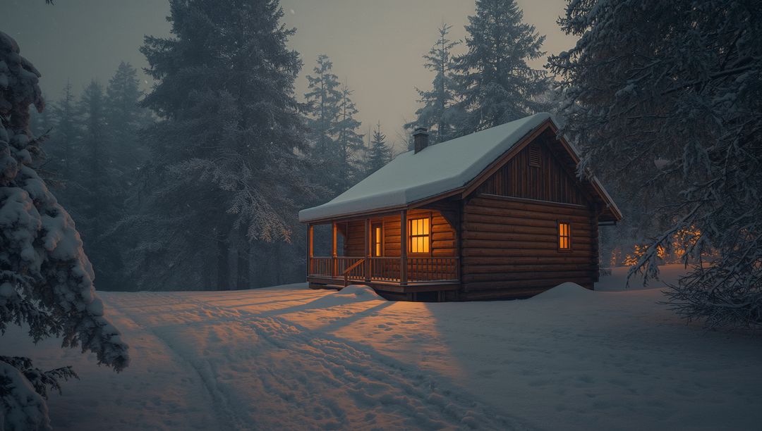 Warm Light Glowing from Log Cabin in Snowy Forest at Twilight with Tracks in Snow