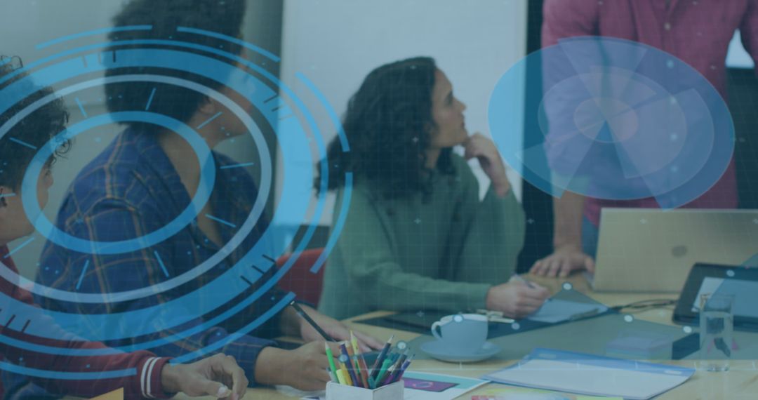 Collaborative Team Analyzing Data with Technology Interface Overlay