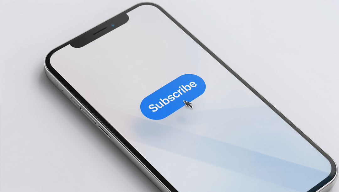 Minimalist smartphone displaying blue Subscribe button with cursor on sleek aluminum frame
