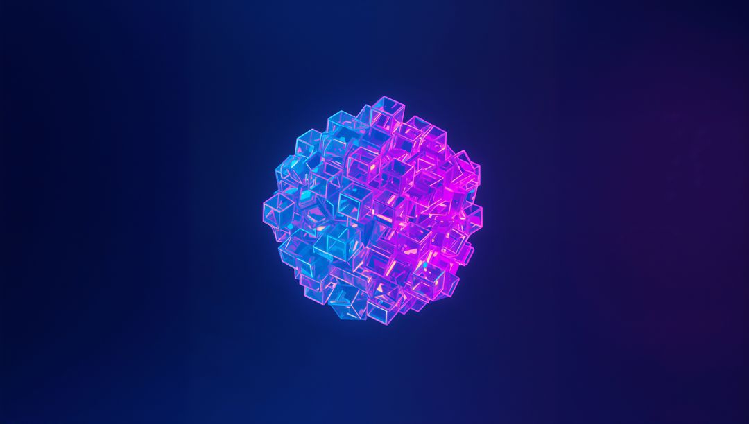 Glowing Glass Cube Cluster Emitting Neon Cyan and Magenta Light in Futuristic Voxel Sphere