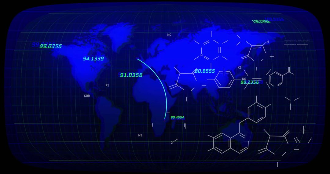 Digital World Map with Chemical Formulas and Data Coordinates
