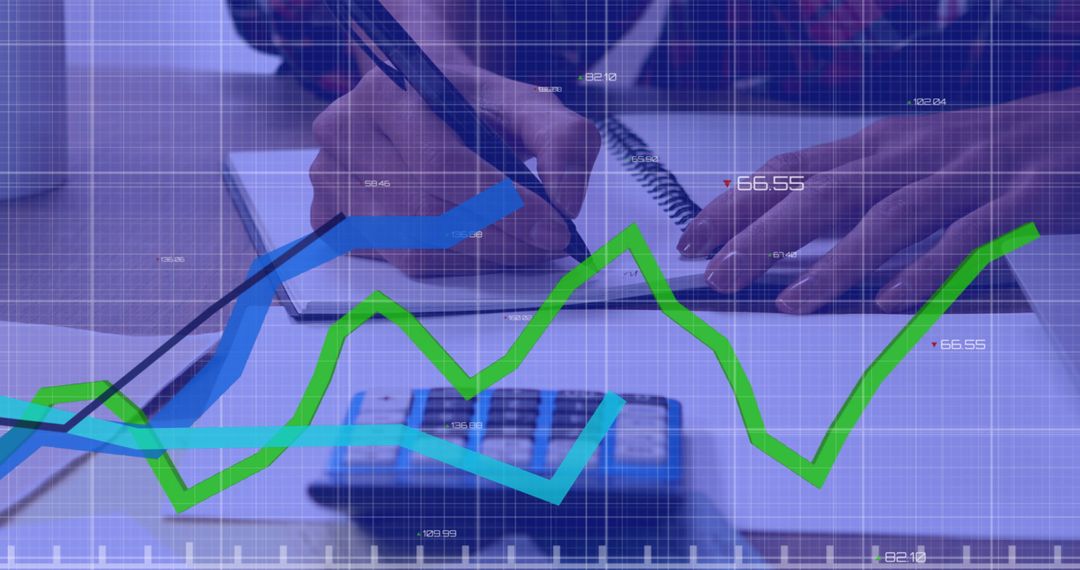 Person Analyzing Financial Trends with Graphs and Calculations