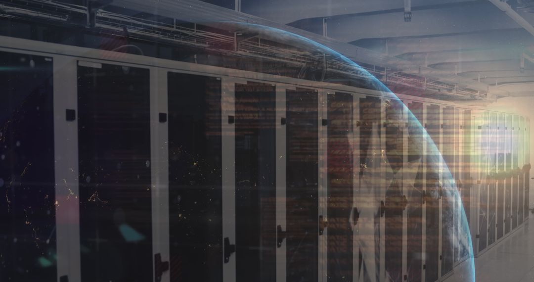 Futuristic Data Center with Digital Globe Overlay Highlights Connectivity
