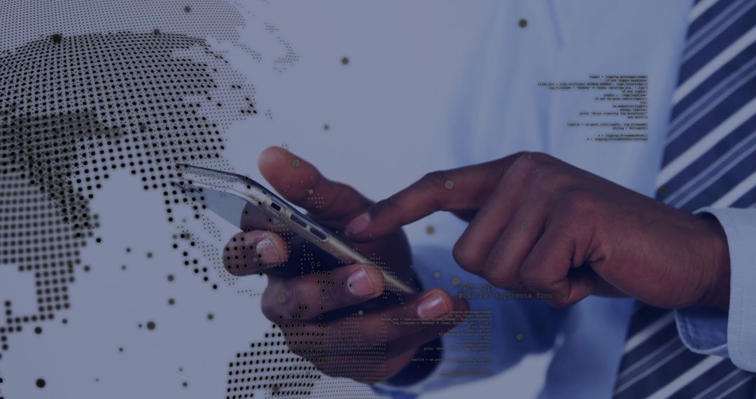 Businessman Using Smartphone with Digital World Map Overlay