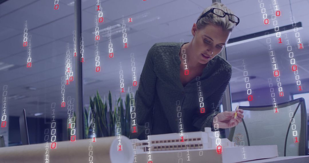 Architect Analyzing Scale Model Amidst Binary Overlay in Modern Workspace