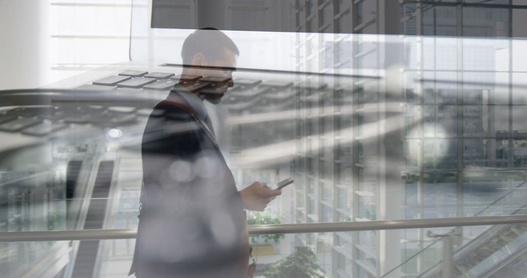 Businessman Uses Smartphone Amidst Digital World Concepts