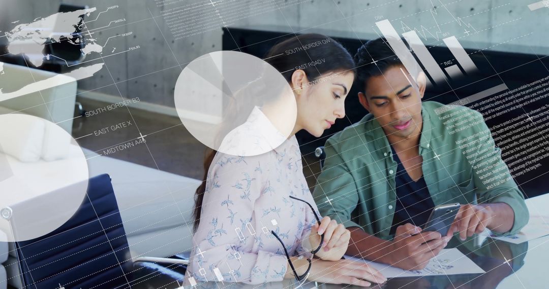 Team Analyzing Financial Data with Digital Overlay in Modern Office