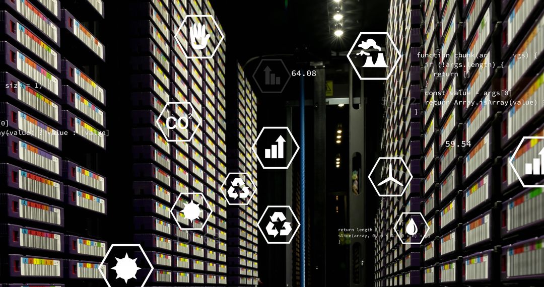 Sustainable Technology Icons Over Data Servers Representing Green Tech Advancements