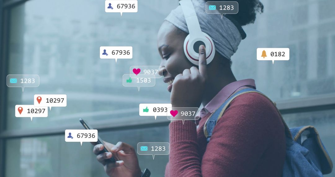 Analytical Trends Overlay African American Woman Using Smartphone