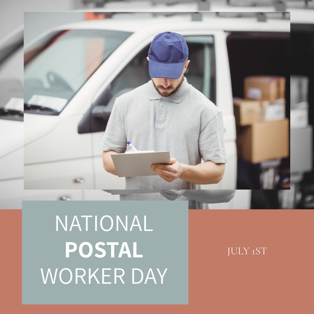 National Postal Worker Day Celebration with Delivery Man Writing on Clipboard - Download Free Stock Templates Pikwizard.com