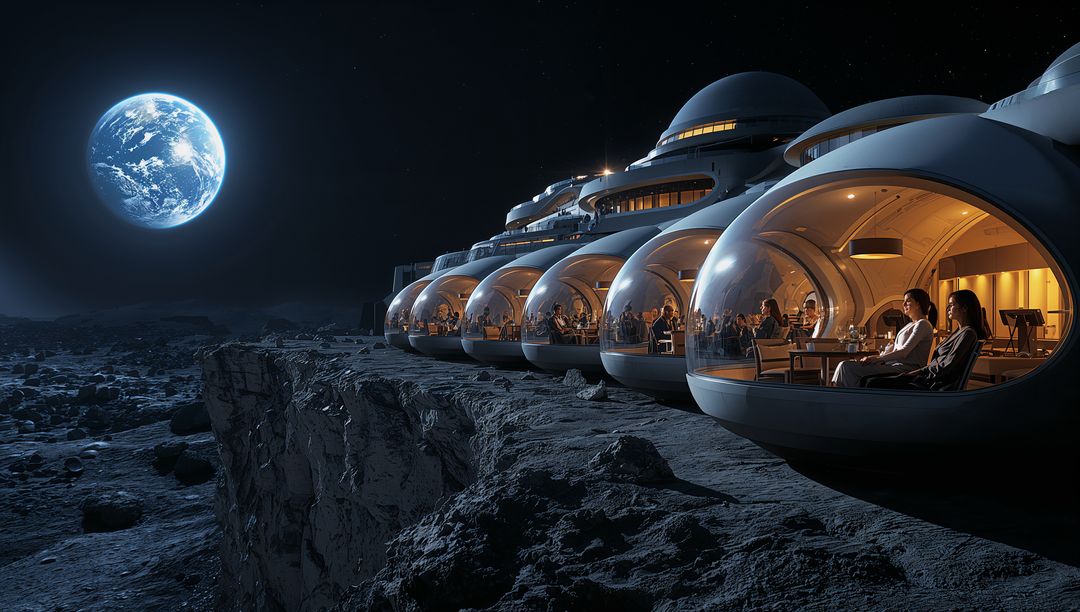 Futuristic lunar cliff dining pods in transparent spherical domes overlooking Earthrise