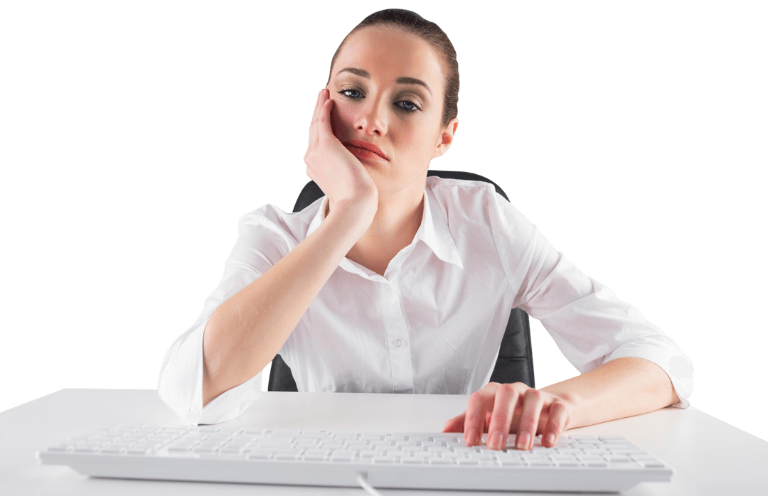 Transparent Businesswoman Bored at Desk with Keyboard