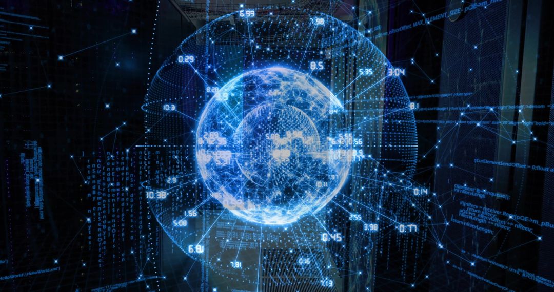 Digital Sphere with Data Points in Futuristic Server Room