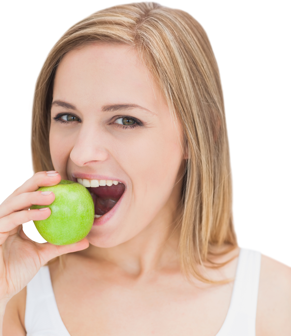 Elegant Young Woman Eating Fresh Green Apple Transparent Background - Download Free Stock Images Pikwizard.com