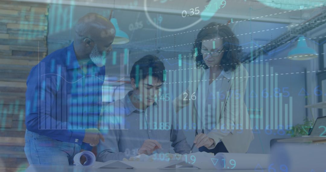 Multi-ethnic Team Collaborating with Digital Analytics Overlays