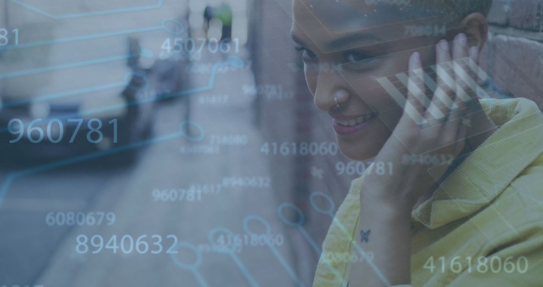 Tech-Savvy Woman Engaged with Digital Data in Urban Environment