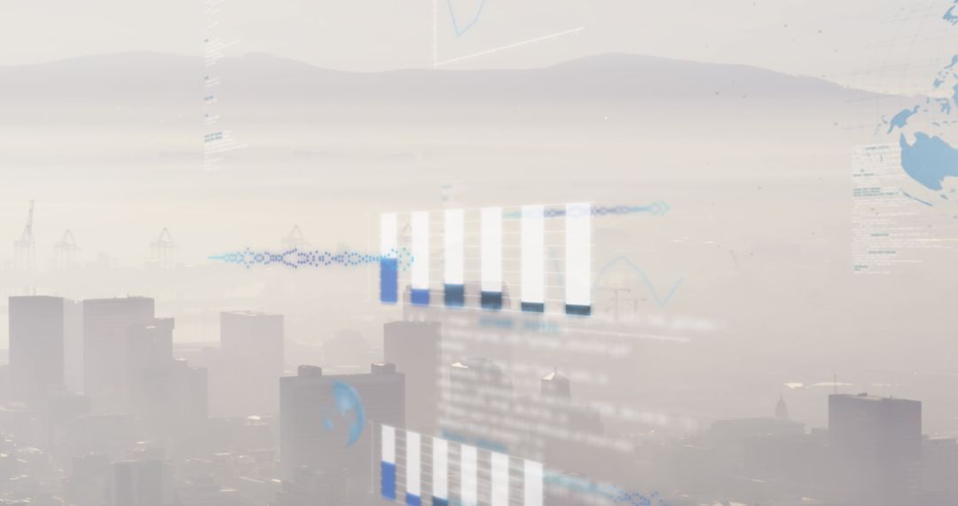 Futuristic Data Visualization over Foggy Urban Skyline