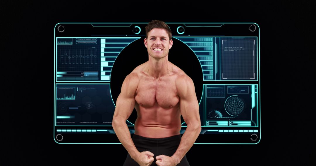 Muscular Athlete with Futuristic Digital Data Interface