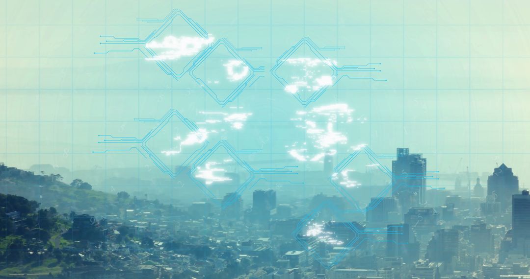Futuristic Cityscape with Digital Security Interface