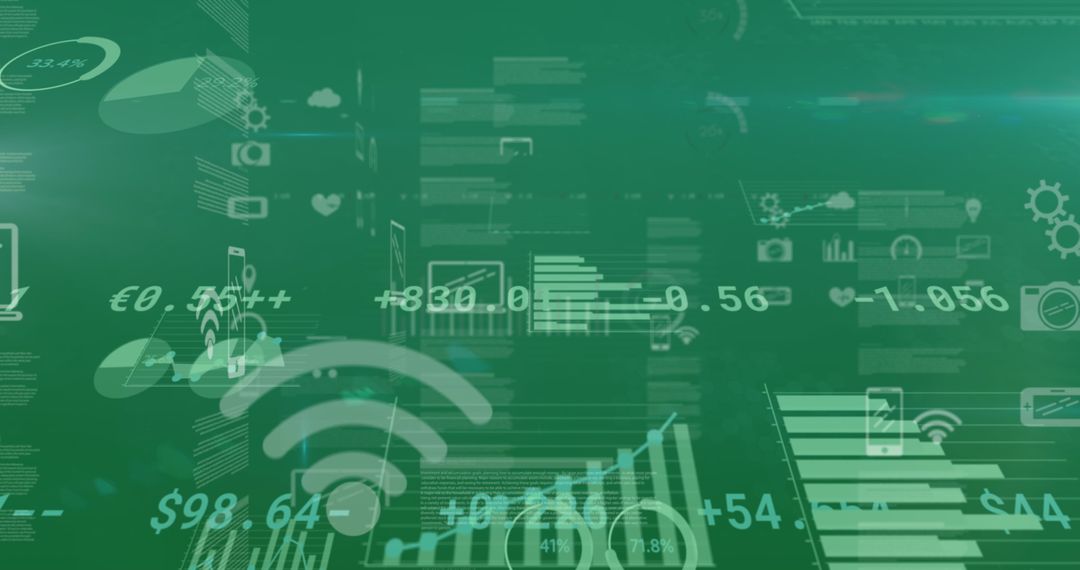 Digital Financial Data and Icons on Green Background