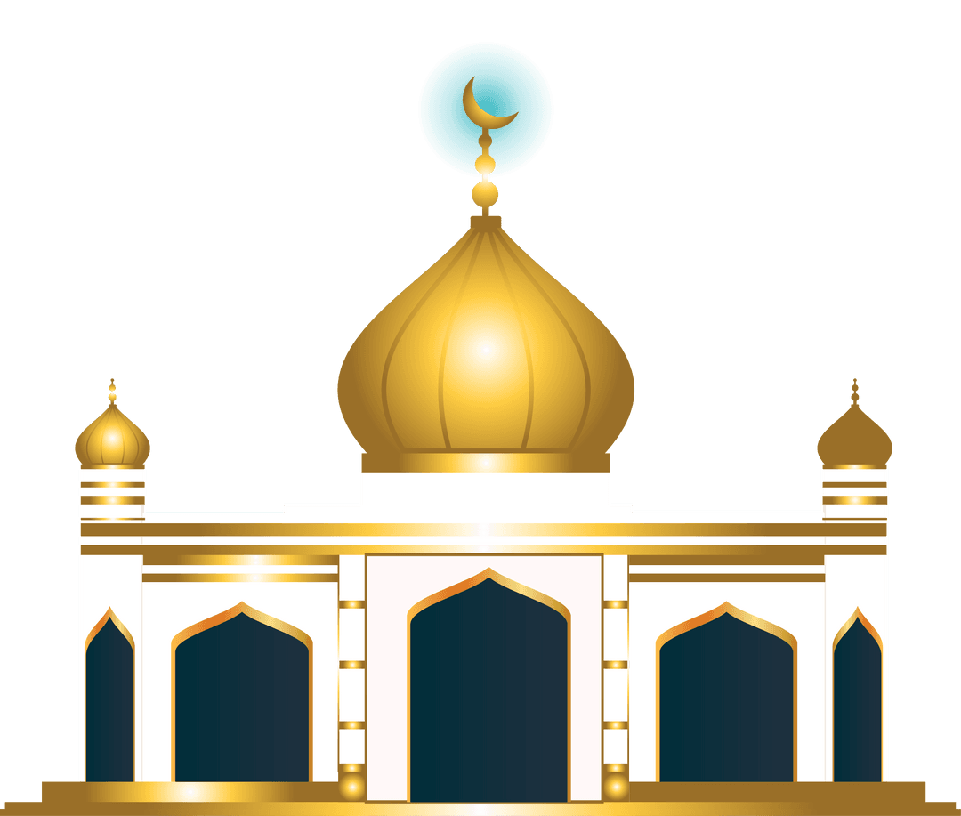 Flat Mosque Design with Gold Domes on Transparent Background