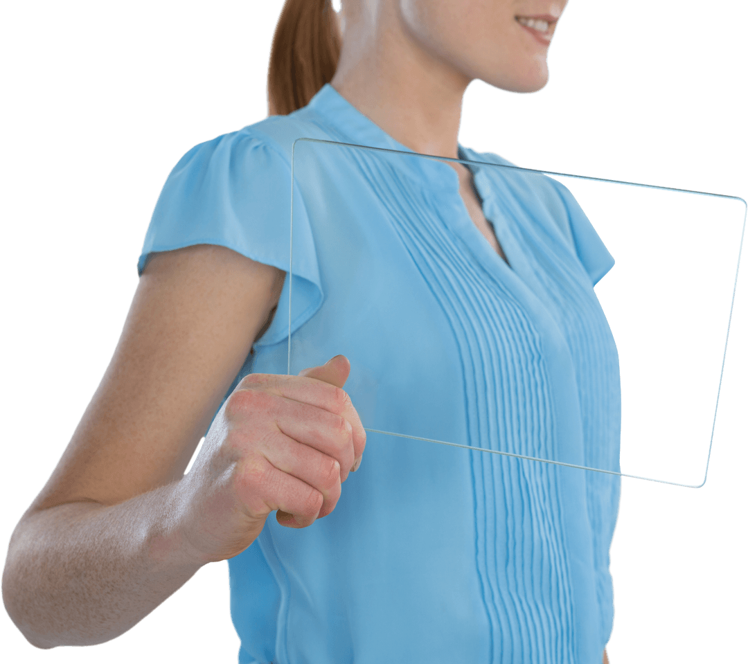 Businesswoman Gesturing Virtual Transparent Glass Interface