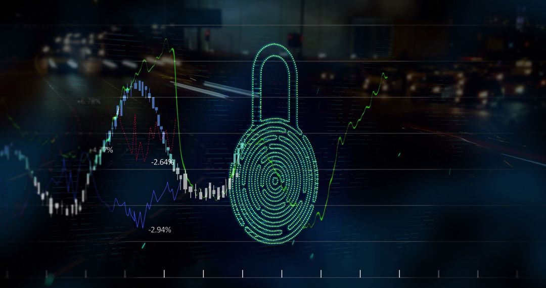 Digital Fingerprint Lock Concept with Stock Market Graph on Cityscape