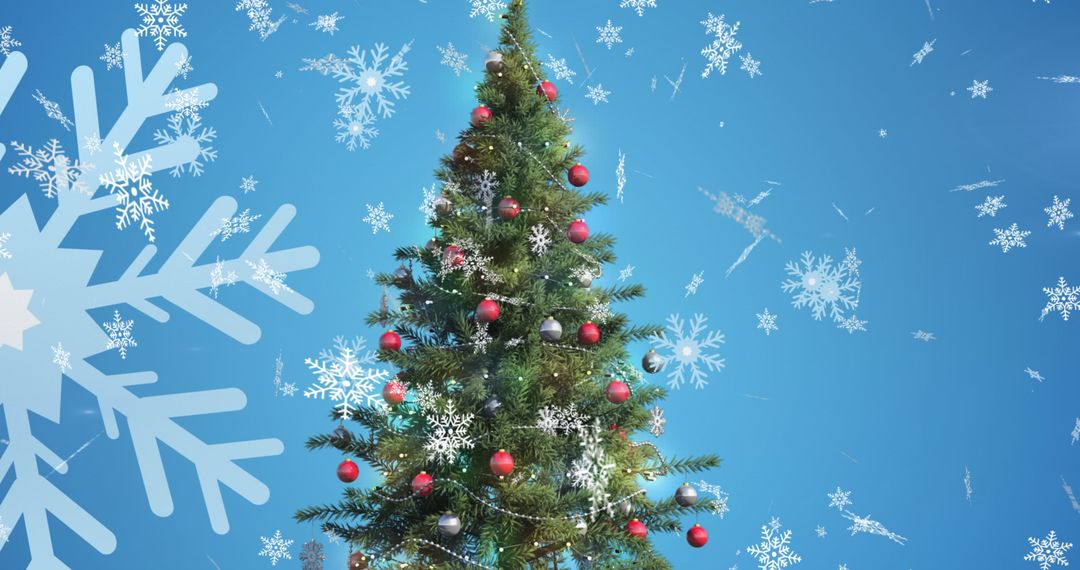Digital Snowflakes Falling on Decorated Christmas Tree