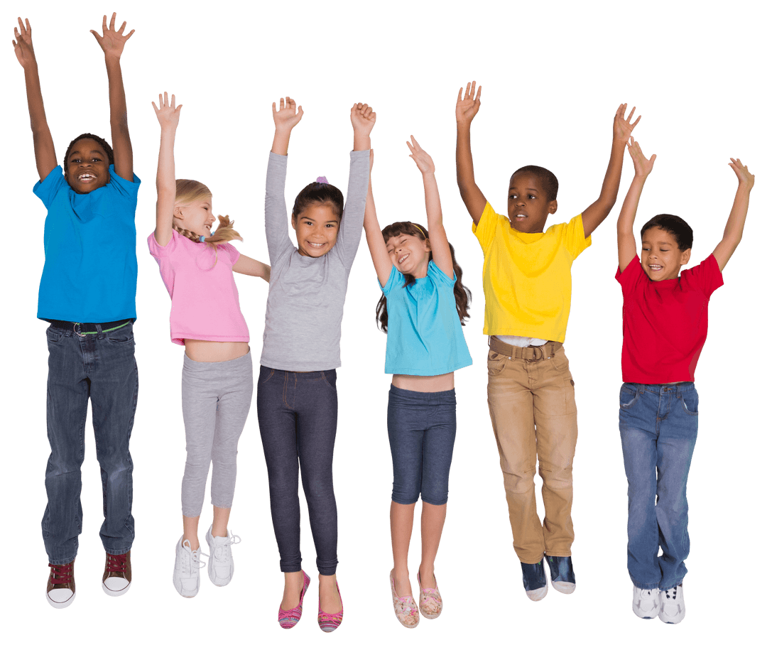 Happy Diverse Children Jumping High on Transparent Background