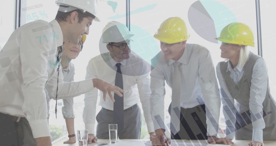 Diverse Architects Collaborating in Office with Financial Graphs Overlay