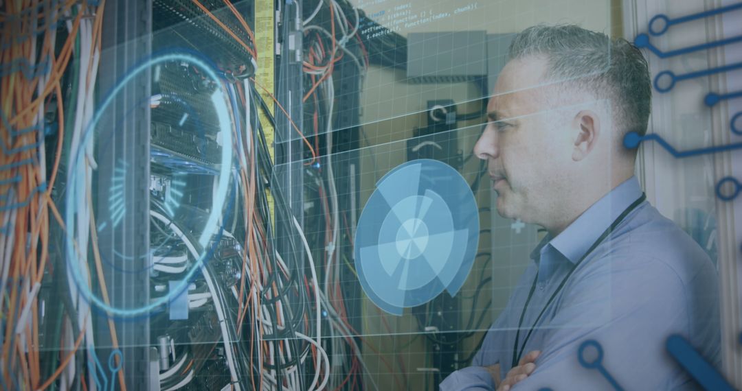Engineer Analyzing Data Servers with Futuristic Interface